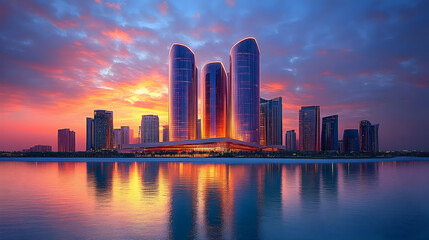 Fototapeta premium A stunning sunset over a modern city skyline with tall skyscrapers reflecting in the water.