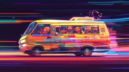 A cartoon van with exaggerated features, speeding with motion lines and happy passengers inside.