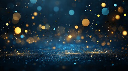 Sparkling Blue and Gold Bokeh Background, Festive Glitter for Greeting Cards, Banners