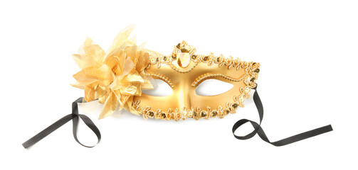 Beautiful golden carnival mask on white background, top view