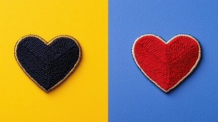Obraz premium Red and Black Heart Patches on Yellow and Blue Background