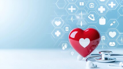Red Heart with Stethoscope and Medical Icons on Blue Background