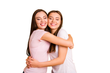 Close up side profile  photo two people beautiful she her ladies models full emotions feelings fellowship buddies hugging eyes closed wear white pink casual t-shirts isolated yellow background