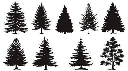 Obraz premium A versatile set of Christmas tree silhouettes, featuring various styles of pine trees and forest fir trees. This pictogram collection captures the essence of nature and the festive spirit,