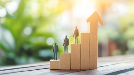 Growth and Success: Miniature Figures Climbing a Wooden Staircase