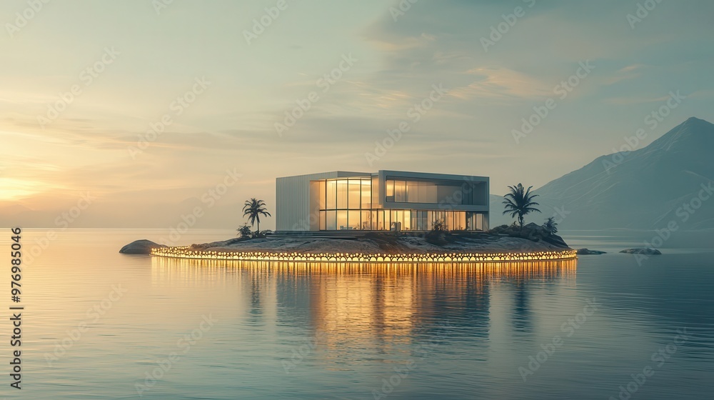 Poster a modern architectural structure on a serene waterfront, illuminated at dusk with surrounding palm t