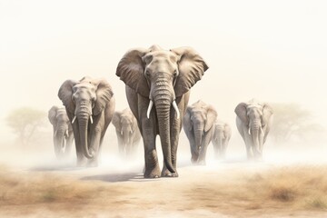 Fototapeta premium Herd of elephants walking through the African savannah, dust rising beneath their feet