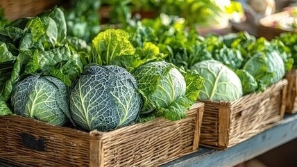 Fresh green cabbages and leafy vegetables in woven baskets at a vibrant market display, perfect for healthy lifestyle imagery.
