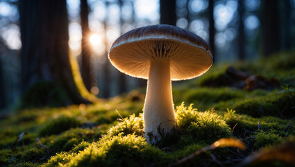 Fototapeta premium Fungo illuminato dalla luce, circondato dal muschio in un bosco