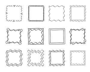 Square doodle frames ,hand-drawn monograms.Edgings and cadres with simple sketchy design elements.Isolated. Vector illustration