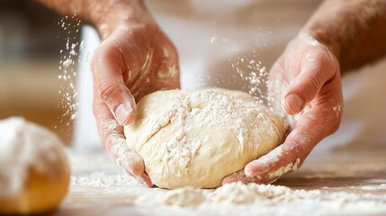 A close-up of hands kneading dough on kitchen table with flour.