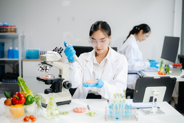 Fototapeta premium Food scientists in lab coats, testing samples, and analyzing food safety and quality