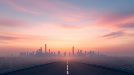 A serene city skyline at dawn, with soft pastel colors illuminating horizon. road leads towards urban landscape, creating sense of journey and exploration.