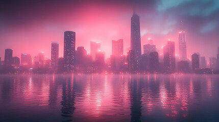 A stunning view of a futuristic city skyline with pink and blue lights reflecting on the water. The city is surrounded by fog, creating a mysterious and ethereal atmosphere.