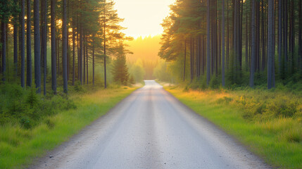 Obraz premium A serene road stretches through tranquil forest, surrounded by tall trees and lush greenery, illuminated by warm glow of setting sun.