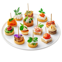 Colorful assortment of gourmet canapés on a white plate for appetizers