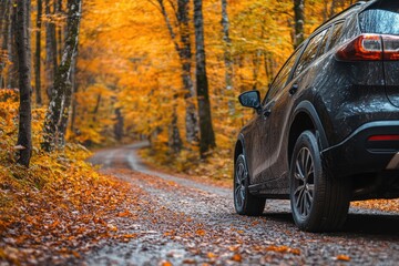 A black car is parked on a road in a forest, tires on the road in autumn