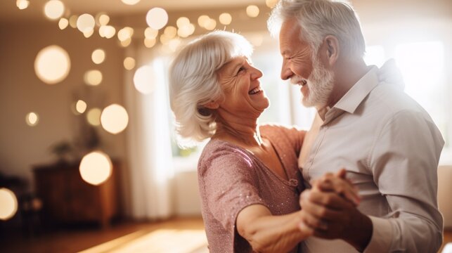Happy senior couple is dancing and smiling, life in assisted living facility, senior care concept - Powered by Adobe
