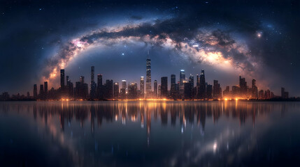 Fototapeta premium A stunning view of the Milky Way galaxy arching over a modern cityscape with a reflection in the water below.