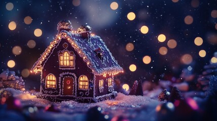 Fototapeta premium Gingerbread house against a dark, moody backdrop with deep purples and navy blues, illuminated by twinkling fairy lights for a mysterious festive vibe. Gingerbread house, New Year, Christmas