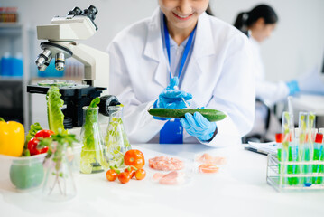 Food scientists in lab coats, testing samples, and analyzing food safety and quality