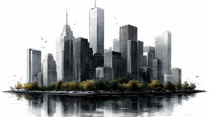 Fototapeta premium A stylized black and white cityscape with tall buildings, a small island with trees, and a reflection in the water.