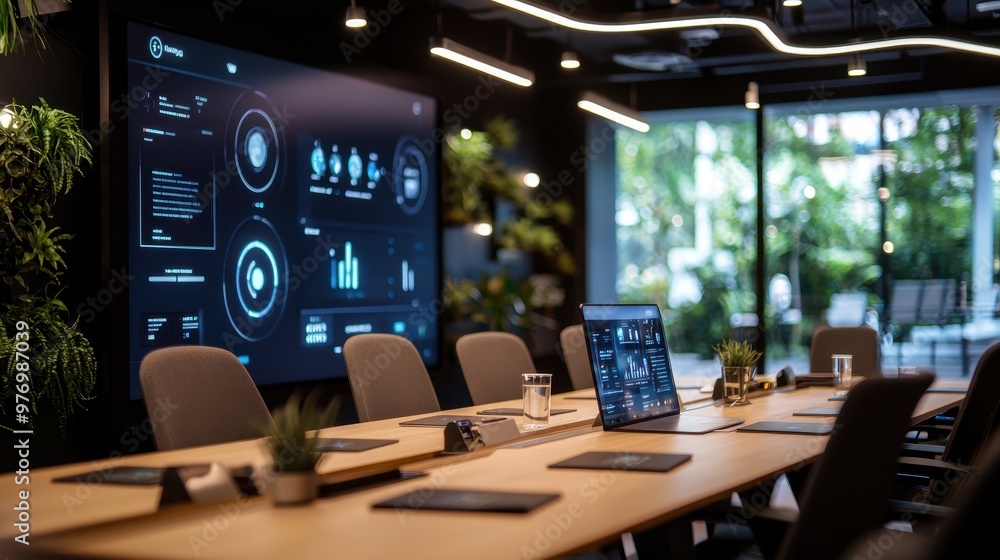 Poster modern meeting room with data analytics display and laptop
