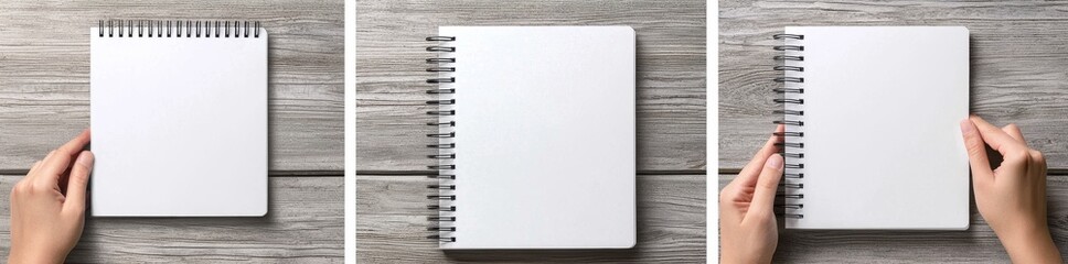 Three-dimensional illustration of a spiral-bound notebook in A4 size on a white marble background. Realistic notebook mock up rendered from three different angles.