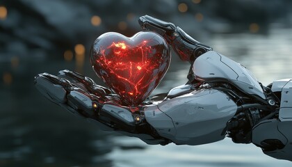 Robot Hand Offering Glowing Heart Symbol of AIs Growing Empathy and Emotional Capabilities.