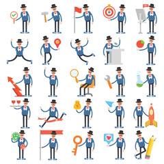 old man in suit and top hat characters set in various poses illustration