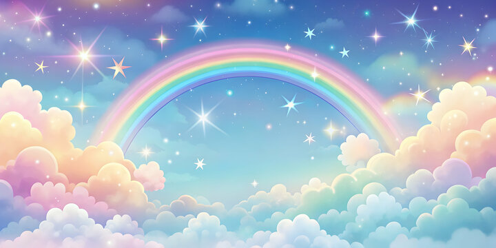 Abstract kawaii colorful sky rainbow with stars and clouds background, soft pastel comic graphic concept, kawaii, colorful, sky
