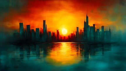 Obraz premium A stylized painting of a city skyline with a fiery sunset.