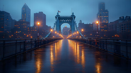 Fototapeta premium A suspension bridge in a city with fog and rain, with the lights of the city reflected in the wet pavement.