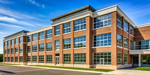 Fototapeta premium School building with brick facade and large windows, school, building, exterior, architecture, education, learning