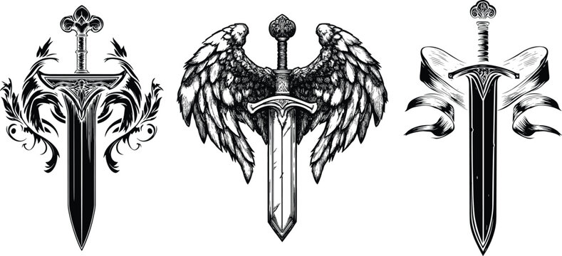 Engraved Winged Sword on White Background – Vector Art Illustration