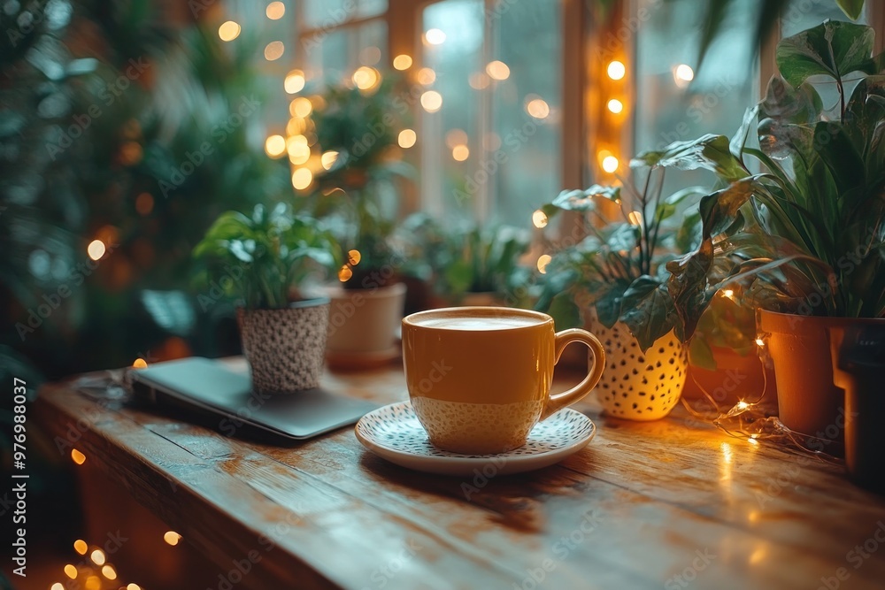 Wall mural Coffee Cup with Plants and String Lights on a Wooden Table