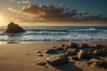 Seaside meditation spot with view of calm ocean waves, serene mood, early morning light, rocks and sand
