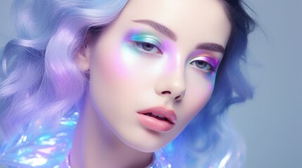 Naklejka premium Fashion model with holographic makeup. Portrait closeup of a beautiful girl with glossy make-up.