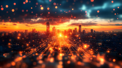 Obraz premium A vibrant city skyline at sunset with glowing lights and a bokeh effect.