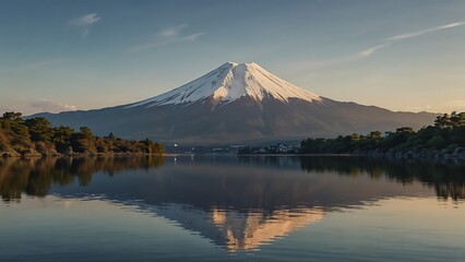  View of Mount Fuji at Sunrise with Snow-Capped Peak and Calm Lake Reflection, Soft Pastel Sky, Tranquil and Iconic Landscape