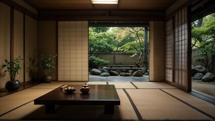 Traditional Japanese Tea Room with Tatami Mats, Paper Sliding Doors, and Low Table, Soft Ambient Lighting, Minimalist Design