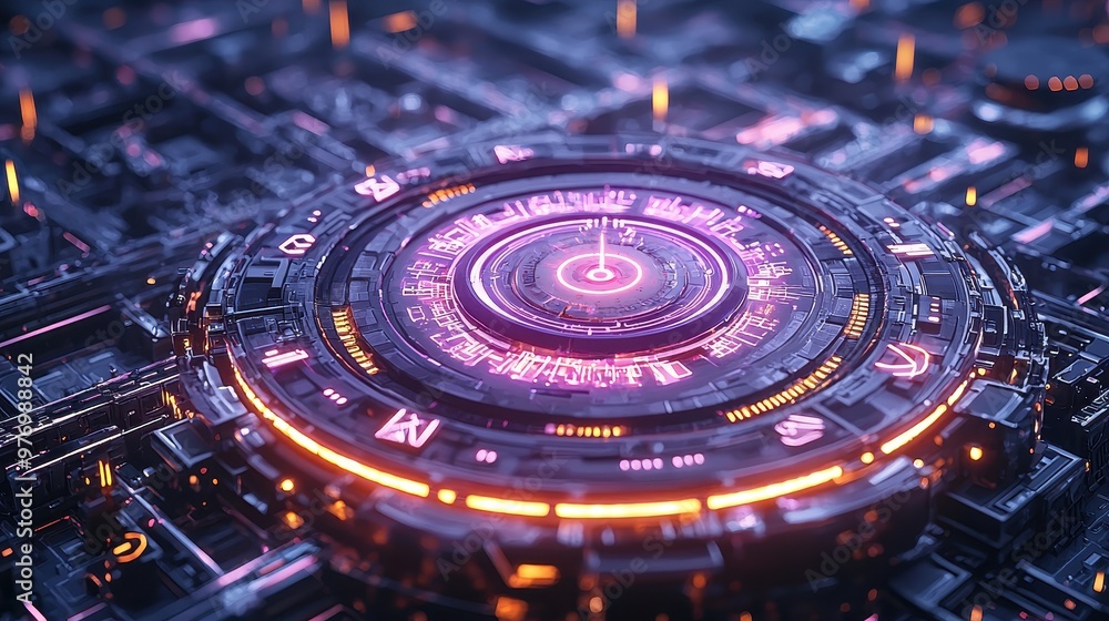 Canvas Prints Futuristic Tech Interface with Glowing Lights and Circular Design