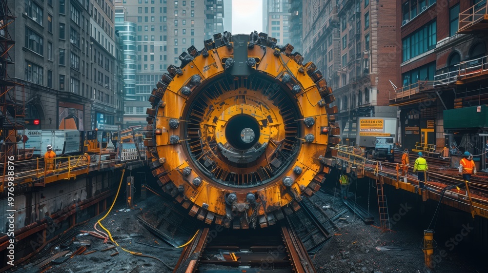 Poster tunnel boring machine operating in urban environment. giant tunnel boring machine drilling under a c
