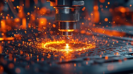 CNC Machine Drilling Metal with Sparks. CNC machine in action, drilling into metal while producing bright, fiery sparks. Industrial machining at high speed.