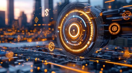 Futuristic Technology HUD Interface with Glowing Orange Lights