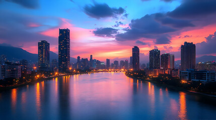 Fototapeta premium A vibrant city skyline with a river flowing through it, illuminated by the setting sun and city lights, creating a stunning reflection on the water.