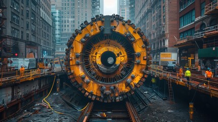 Fototapeta premium Tunnel Boring Machine Operating in Urban Environment. Giant tunnel boring machine drilling under a city, surrounded by skyscrapers and workers. A large-scale urban infrastructure project.