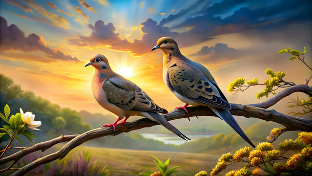 watercolor of male and female Mourning Doves perched on a tree limb at sunrise on background, mourning doves, birds