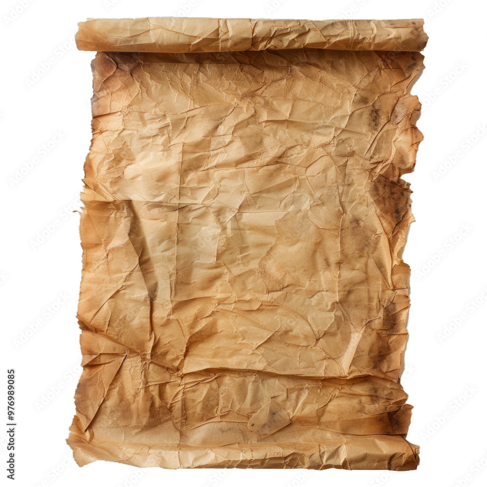 Poster old paper scroll with a textured surface and burnt edges is lying flat