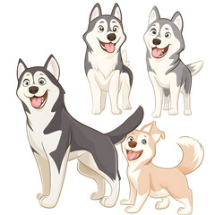 Playful Cartoon Style Siberian Husky Pups with Wagging Tails on White Background